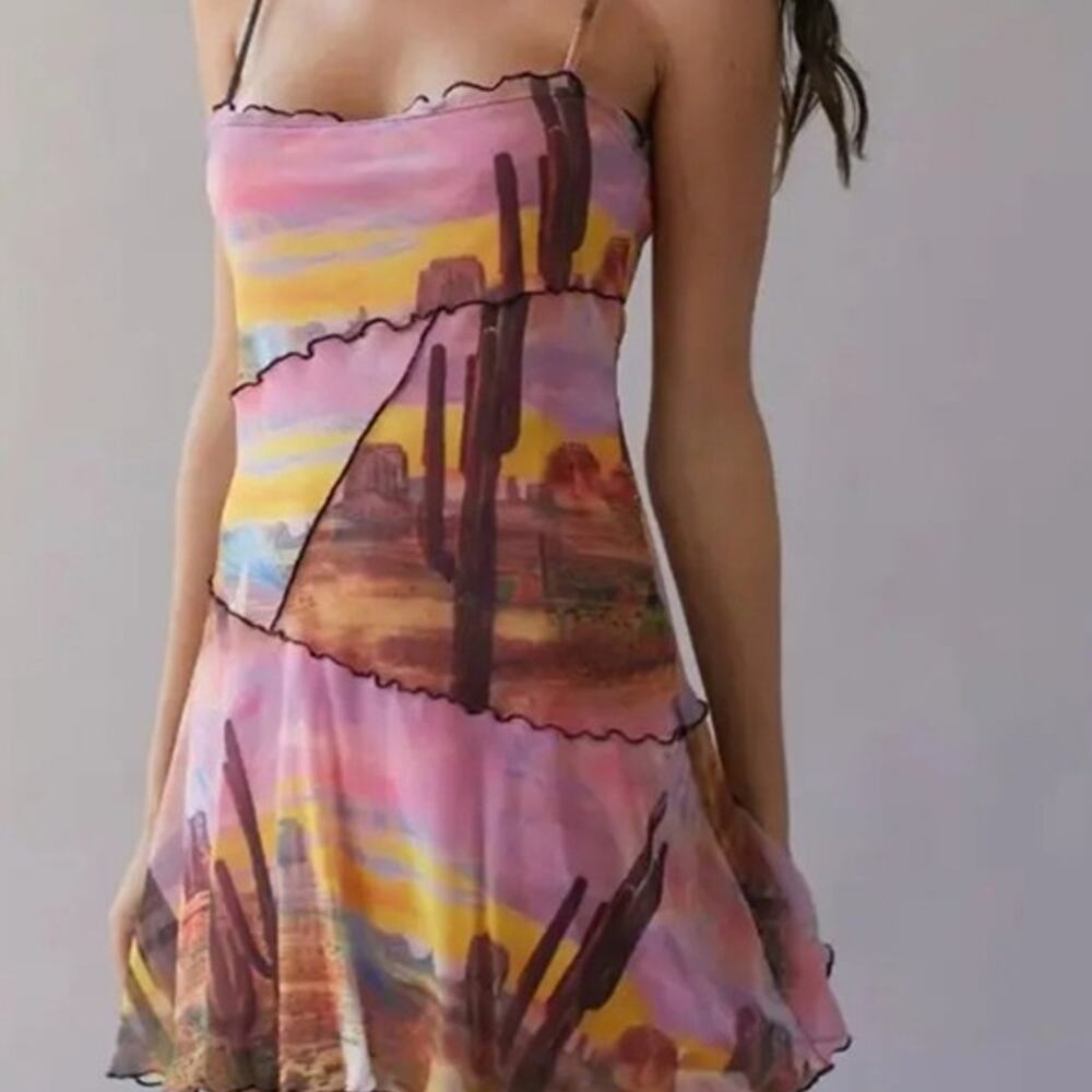 Urban Outfitters Moxie Mesh Mini Slip Dress Sunset Cactus Desert Print Size XS